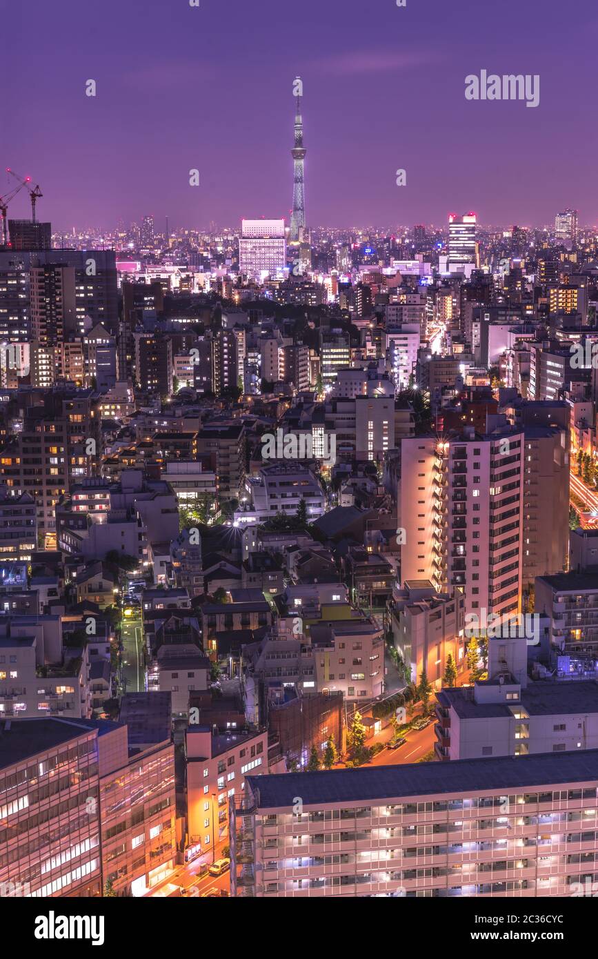 Antenna vista notturna del distretto di Korakuen a Tokyo con la torre skytree in background. Foto Stock
