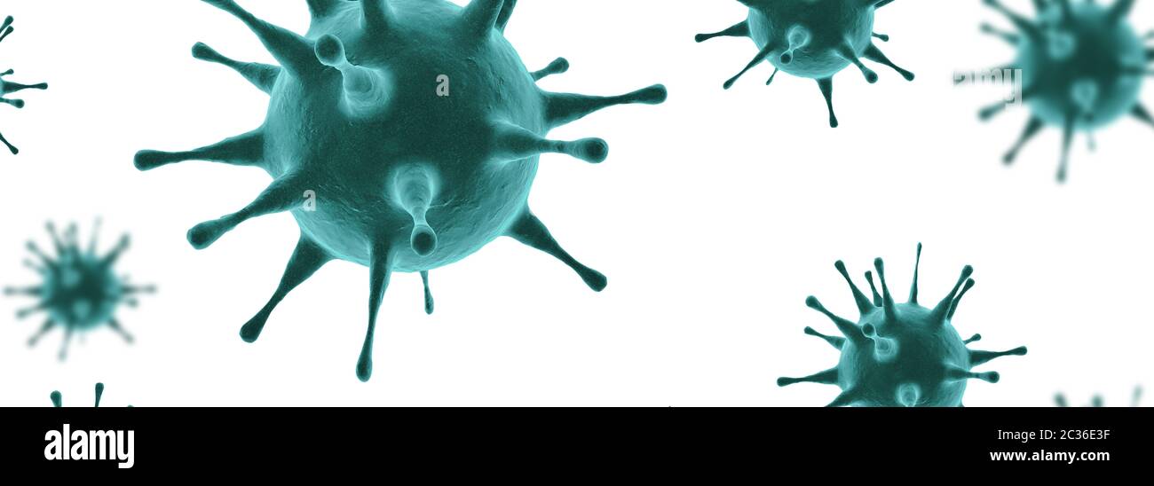 Vista microscopica delle cellule del virus dell'influenza. Illustrazione medica 3D Foto Stock