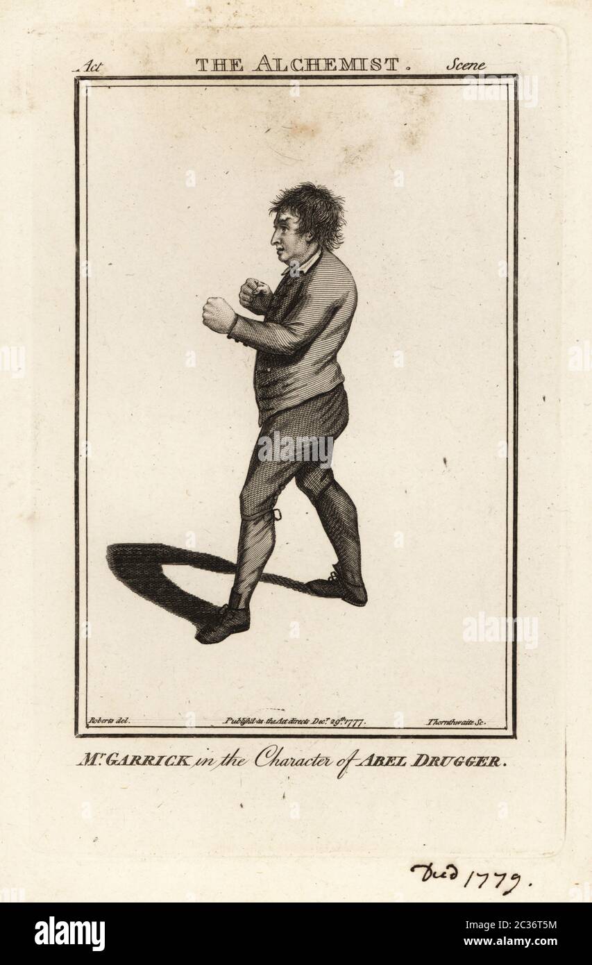 David Garrick nel personaggio del venditore di tabacco Abel Drugger nel teatro Drury Lane di ben Jonson, l'Alchimista, 1743. Garrick è stato un attore, drammaturgo, direttore e produttore di teatro inglese, dal 1717 al 1779. Incisione su copperplate di J. Thornthwaite dopo un'illustrazione di James Roberts del British Theatre di Bell, composta dalle più prestigiosite opere inglesi, John Bell, Londra, 1777. Foto Stock