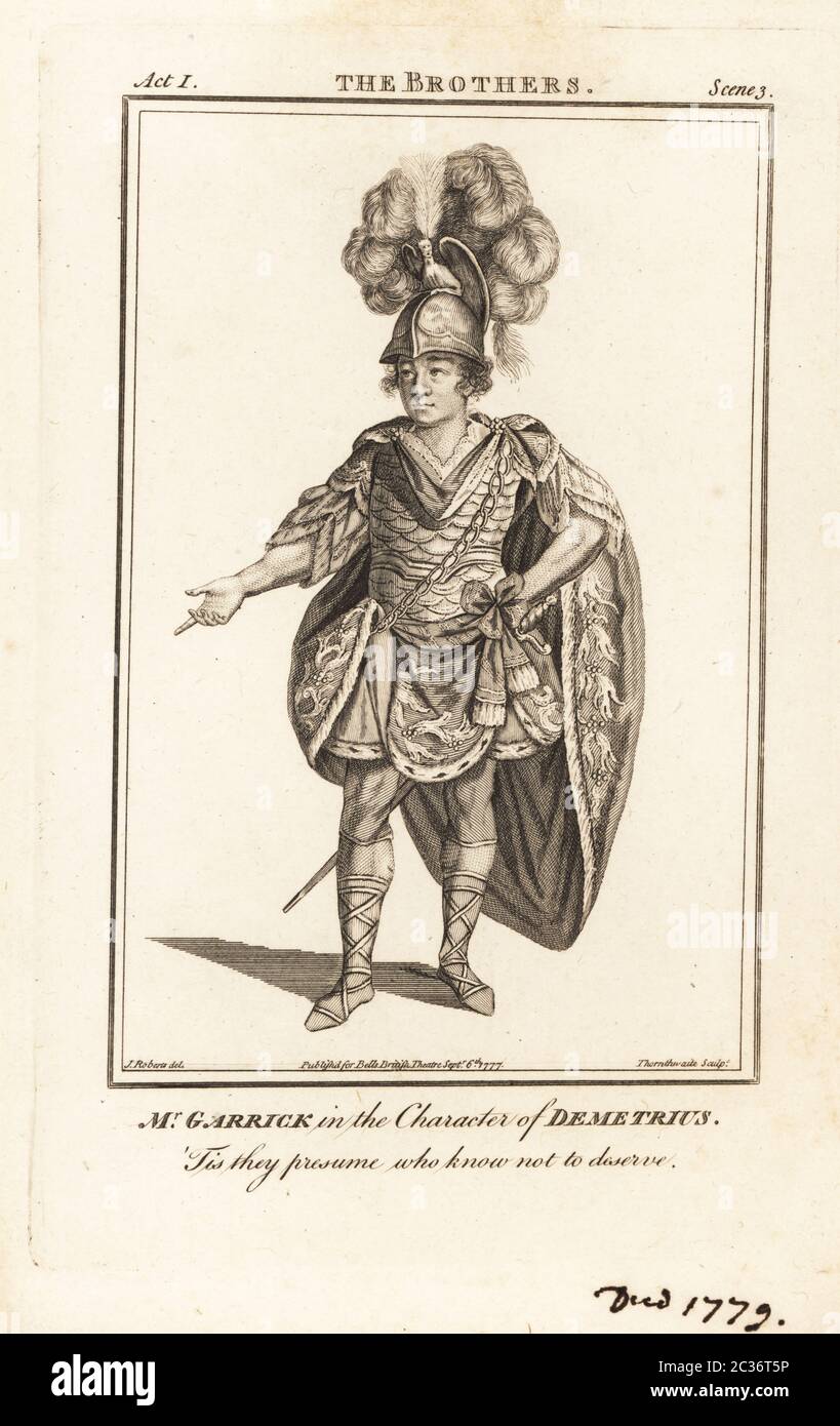 David Garrick nel personaggio di Demetrio in Edward Young’s The Brothers, Drury Lane Theatre, 1753. Garrick è stato un attore, drammaturgo, direttore e produttore di teatro inglese, dal 1717 al 1779. Incisione su copperplate di J. Thornthwaite dopo un'illustrazione di James Roberts del British Theatre di Bell, composta dalle più prestigiosite opere inglesi, John Bell, Londra, 1777. Foto Stock