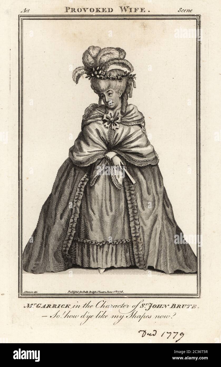 David Garrick in Drag nel personaggio di Sir John Brute nel Teatro di John Vanbrugh, la moglie di Provok, è stato un attore, drammaturgo, direttore e produttore di teatro inglese, dal 1717 al 1779. Incisione su copperplate dopo un'illustrazione di James Roberts del British Theatre di Bell, composta dalle più prestigiosite opere inglesi, John Bell, Londra, 1777. Foto Stock