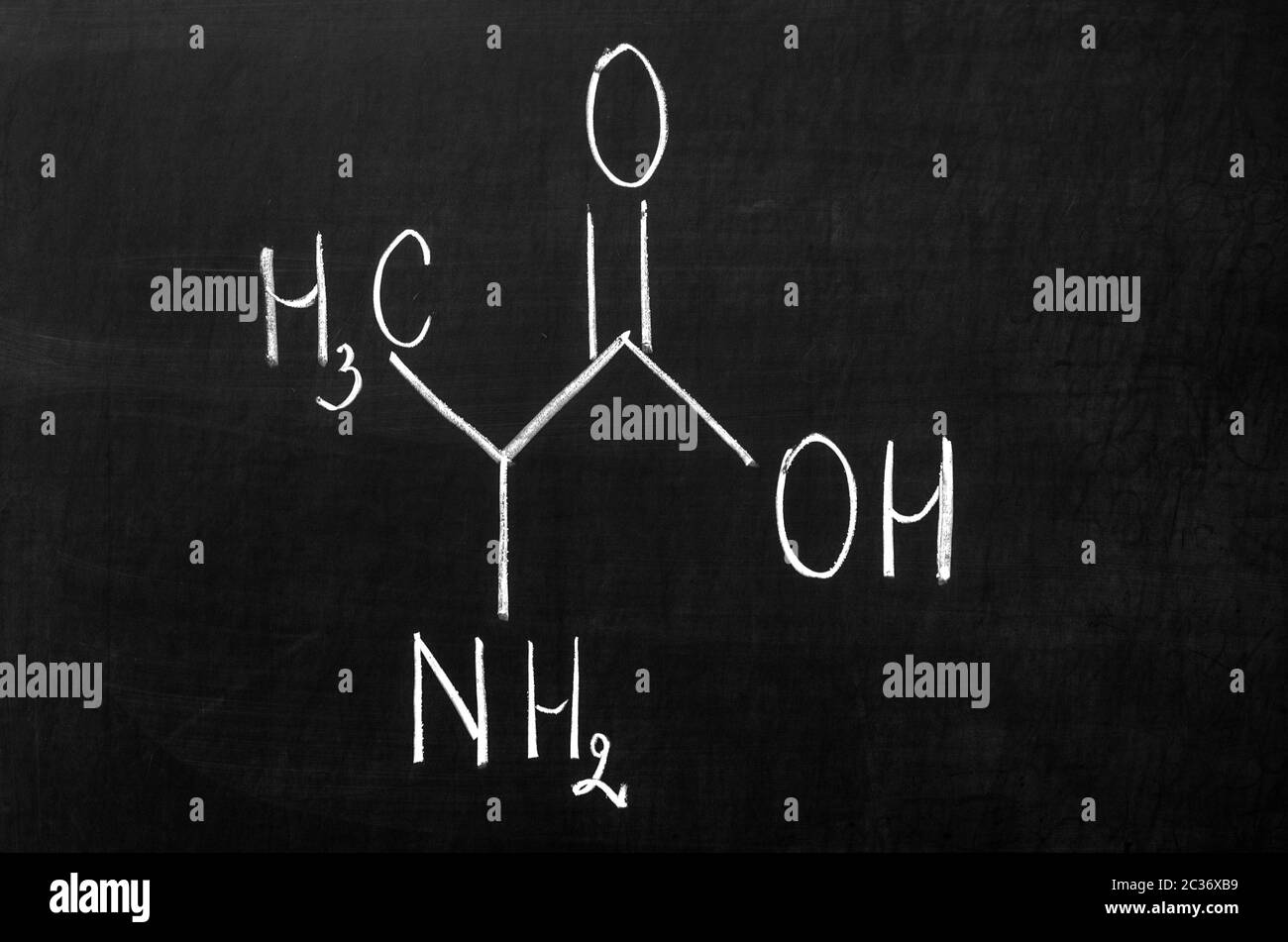 Alanina è un aminoacido con la formula chimica CH3CH(NH2)COOH. L-isomero è uno dei venti amminoacidi codificati dal Foto Stock