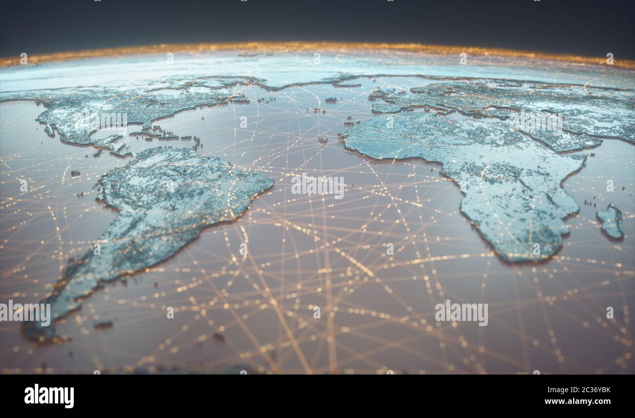 Il mondo globalizzato, il futuro della tecnologia digitale. Collegamenti e il cloud computing nel mondo virtuale. Mappa del mondo con i dati del satellite collegamenti. C Foto Stock