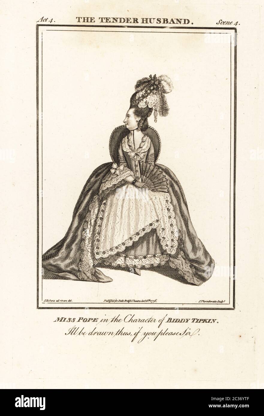 La sig.na Jane Pope nel personaggio di Biddy Tipkin nel marito tenero di Richard Steele, Drury Lane Theatre, 1770. Papa fu un'attrice inglese, 1744-1818. Incisione su copperplate di R. Pollard dopo un'illustrazione di James Roberts del British Theatre di Bell, composta dalle più prestigiosite opere inglesi, John Bell, Londra, 1776. Foto Stock