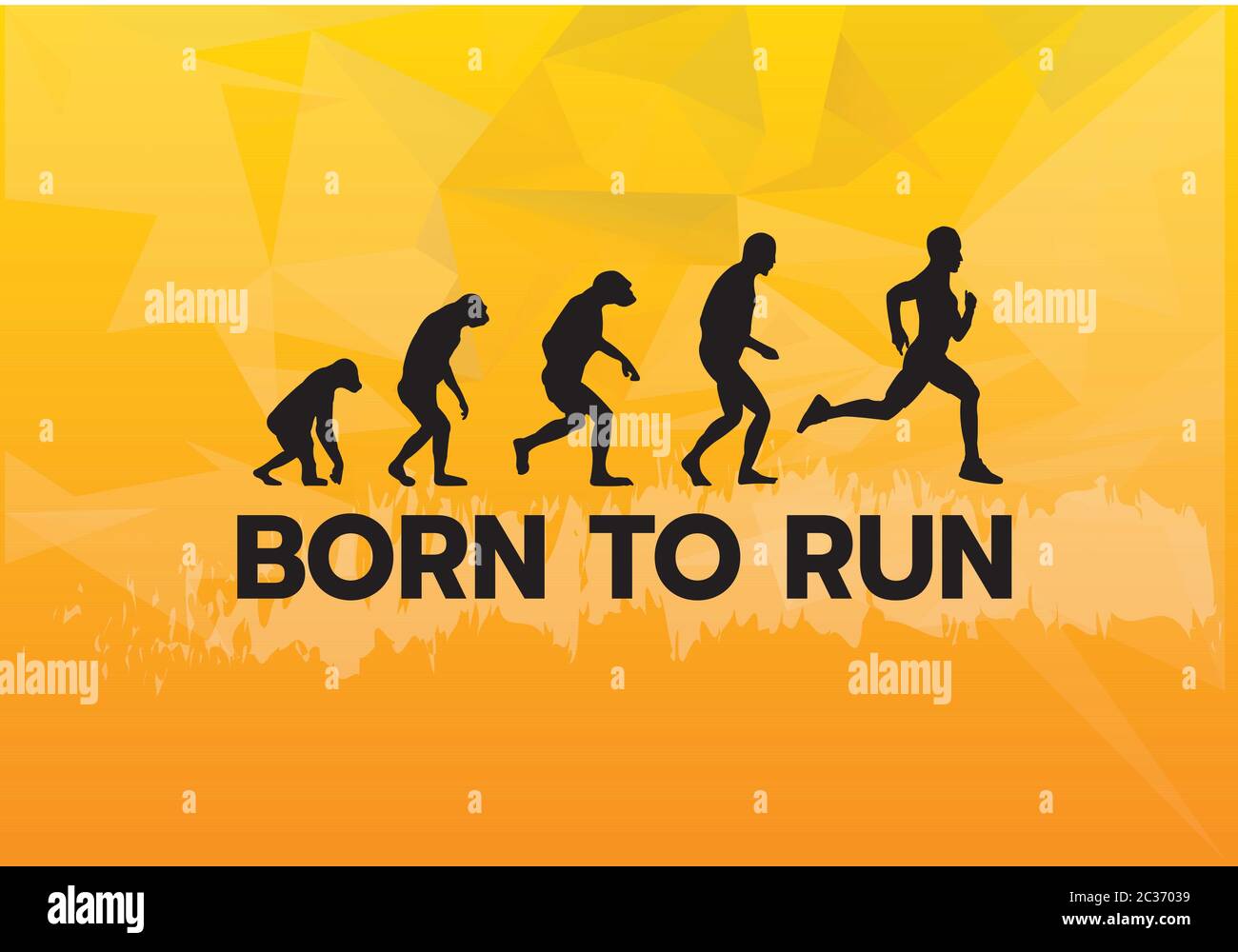 Nata per correre con silhouette evoluzioni umane da scimmie a runner. Citazione sfondo tipografico su esecuzione di un vettore di concetto moderno tono giallo Illustrazione Vettoriale