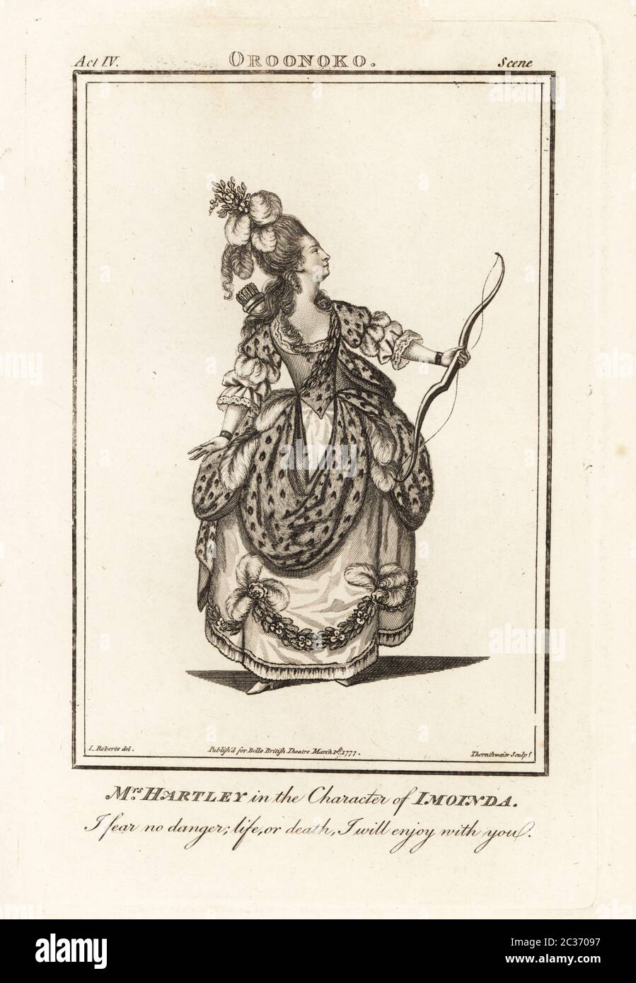 Elizabeth Hartley nel personaggio di Imoinda in Oroonoko di Thomas Southerne. Tuttavia, non ha giocato questo ruolo prima che questa incisione fosse pubblicata. Elizabeth Hartley è stata un attore famoso sul palco di Londra e figura scandalosa, 1750?–1824. Incisione su copperplate di J. Thornthwaite dopo un'illustrazione di James Roberts del British Theatre di Bell, composta dalle più prestigiosite opere inglesi, John Bell, Londra, 1777. Foto Stock