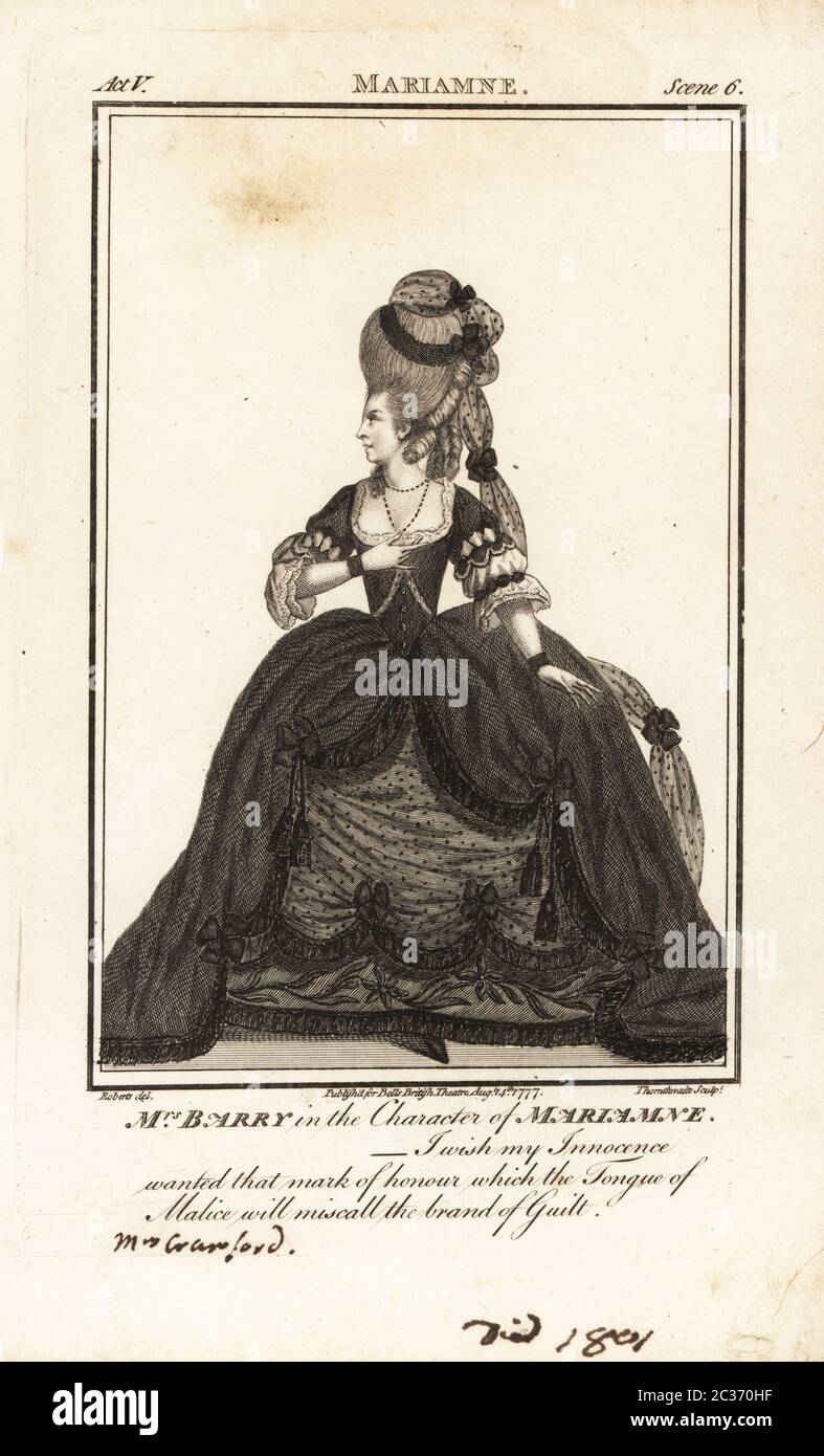 Ann Barry nel personaggio di Athenais a Theodosio, Teatro del Re, 1766. Ann Street, 1734-1801, fu una delle principali attrice del XVIII secolo apparsa come la signora Dancer e successivamente come la signora Barry e la signora Crawford. Incisione su copperplate di J. Thornthwaite dopo un'illustrazione di James Roberts del British Theatre di Bell, composta dalle più prestigiosite opere inglesi, John Bell, Londra, 1776. Foto Stock