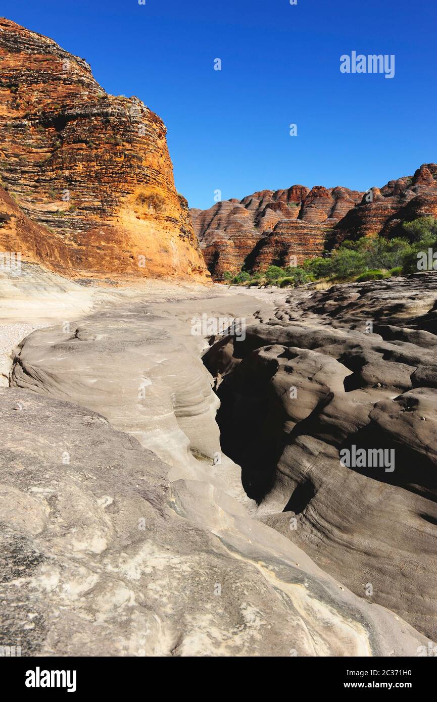 Il Parco Nazionale di Purnululu o la giungla dei Bungles è un'area dichiarata Patrimonio dell'Umanità e meta di viaggio popolare per i turisti nell'Outback dell'Australia Occidentale. Foto Stock