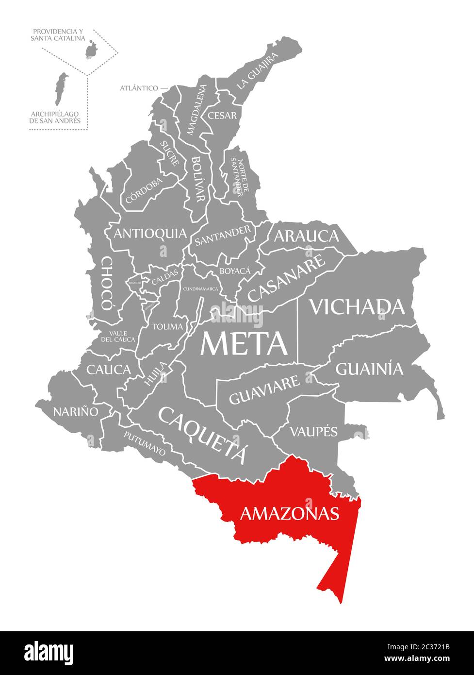 Amazonas evidenziata in rosso nella mappa della Colombia Foto Stock