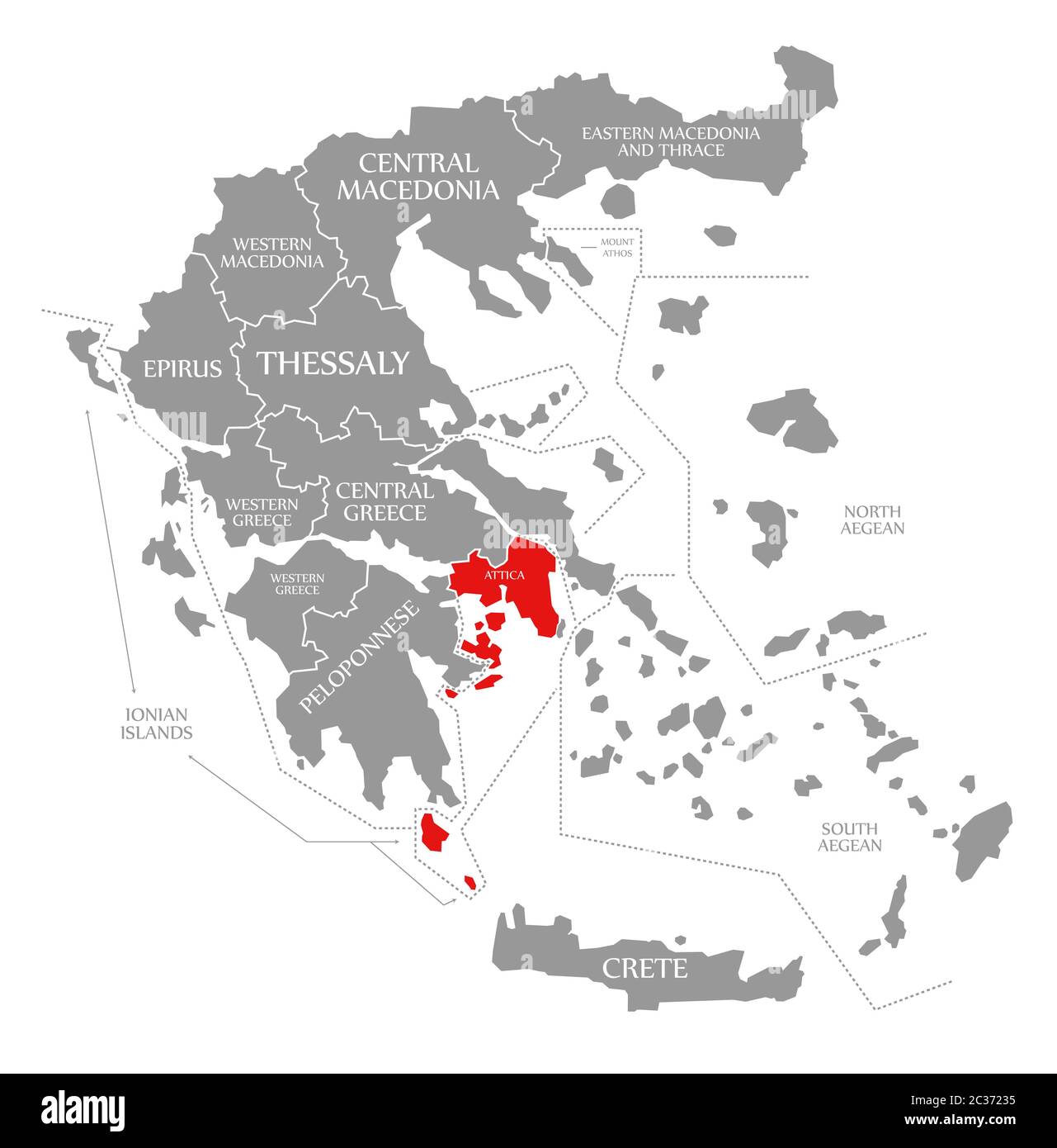 Attica evidenziata in rosso nella mappa della Grecia Foto Stock