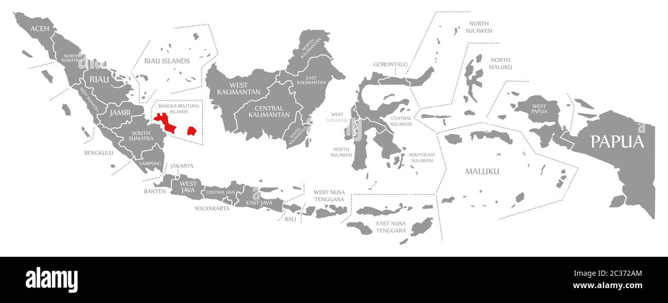 Bangka Belitung Isole evidenziata in rosso nella mappa di Indonesia Foto Stock