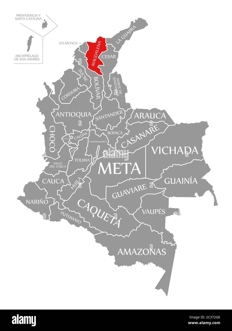 Magdalena evidenziata in rosso nella mappa della Colombia Foto Stock