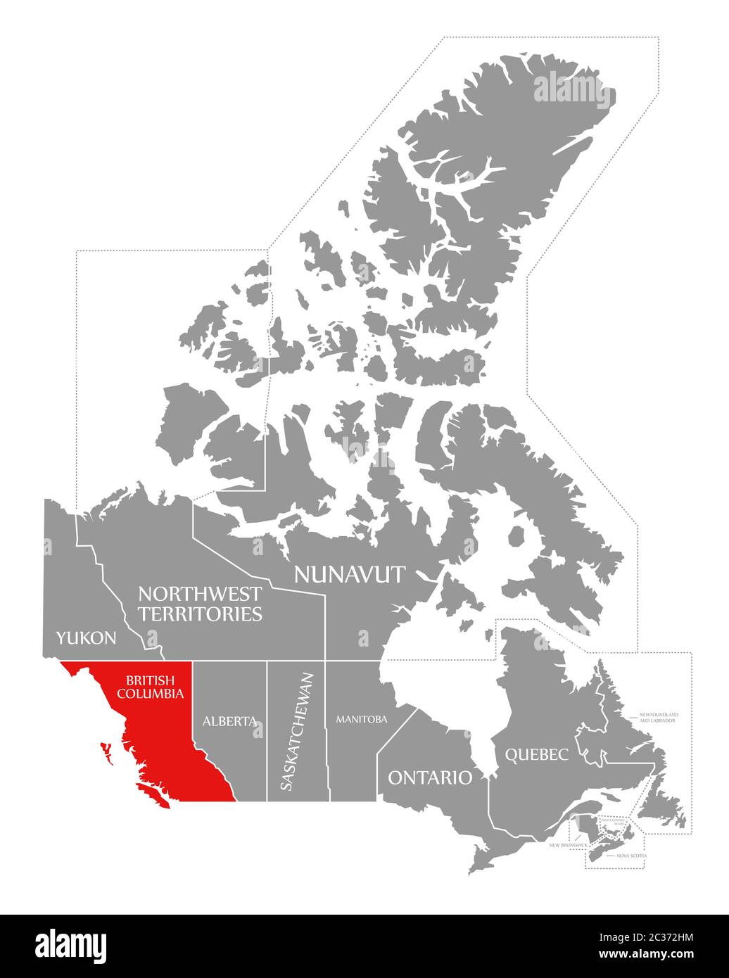 British Columbia evidenziata in rosso nella mappa del Canada Foto Stock