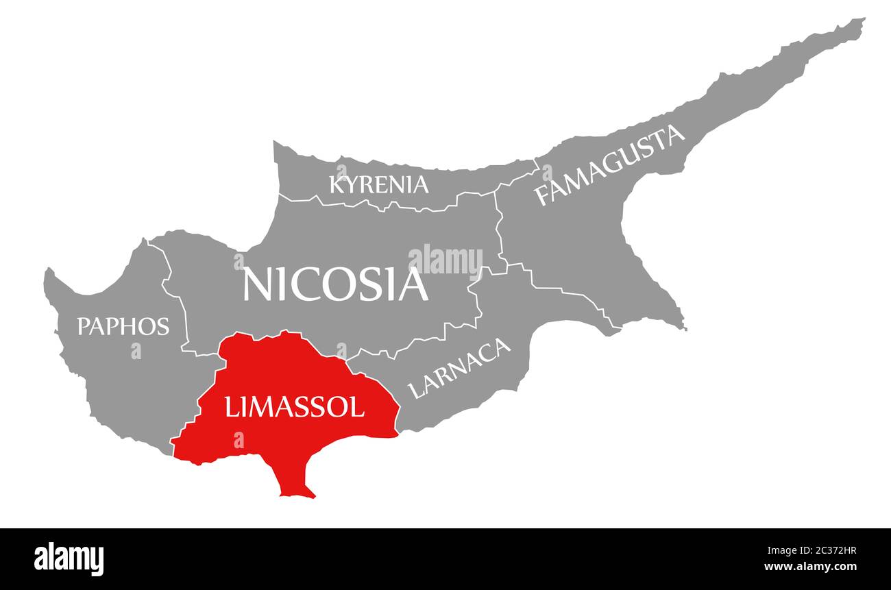 Limassol evidenziata in rosso nella mappa di Cipro Foto Stock