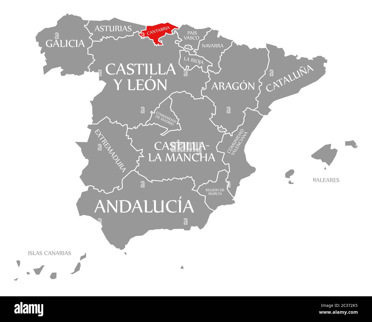 Cantabria evidenziata in rosso nella mappa della Spagna Foto Stock