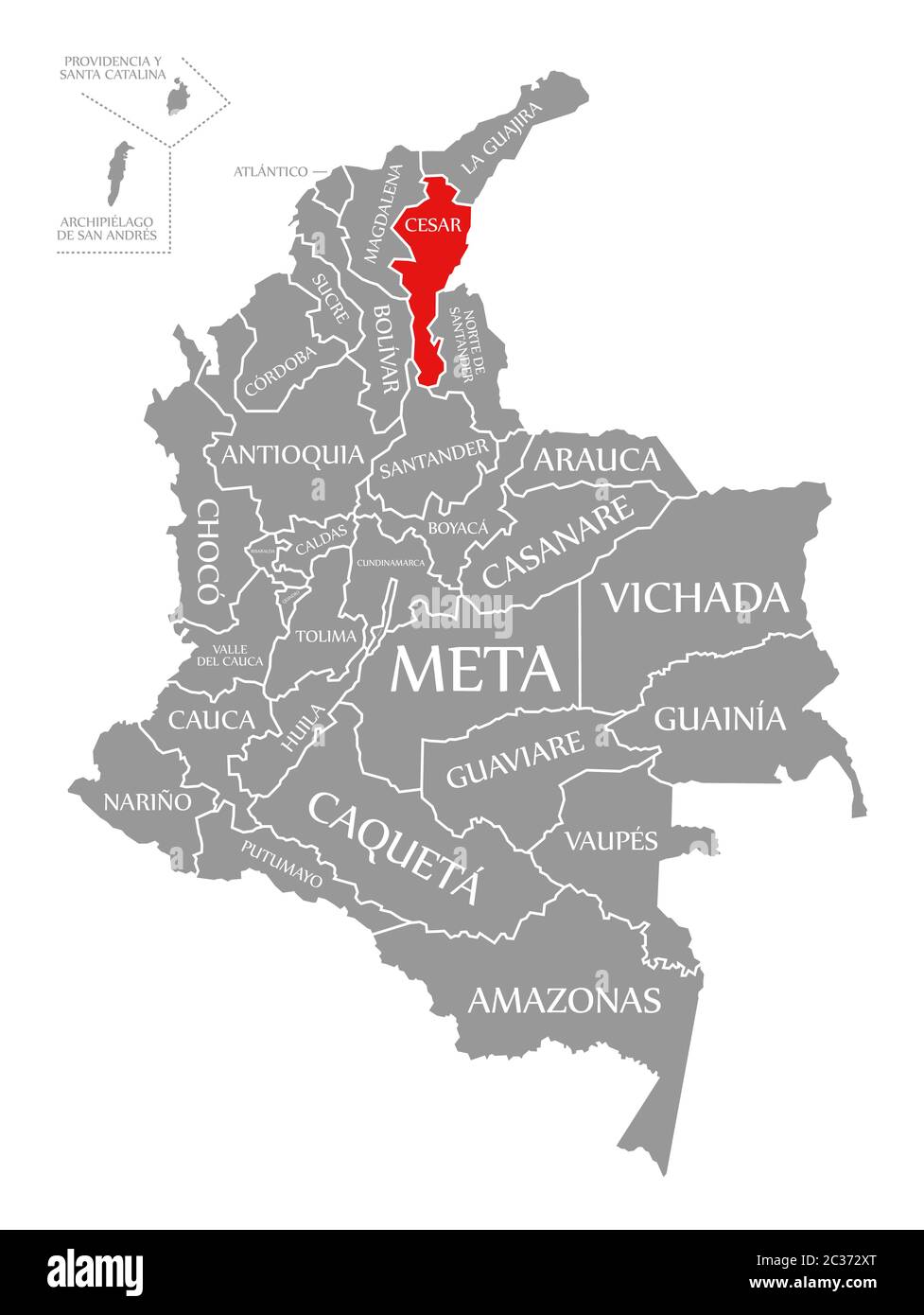 Cesar evidenziata in rosso nella mappa della Colombia Foto Stock