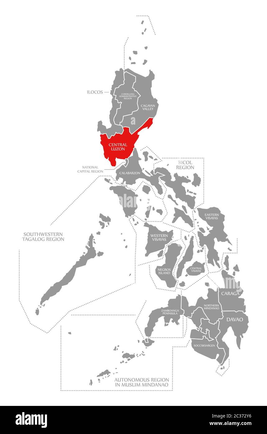 Luzon Centrale evidenziata in rosso nella mappa di Filippine Foto Stock