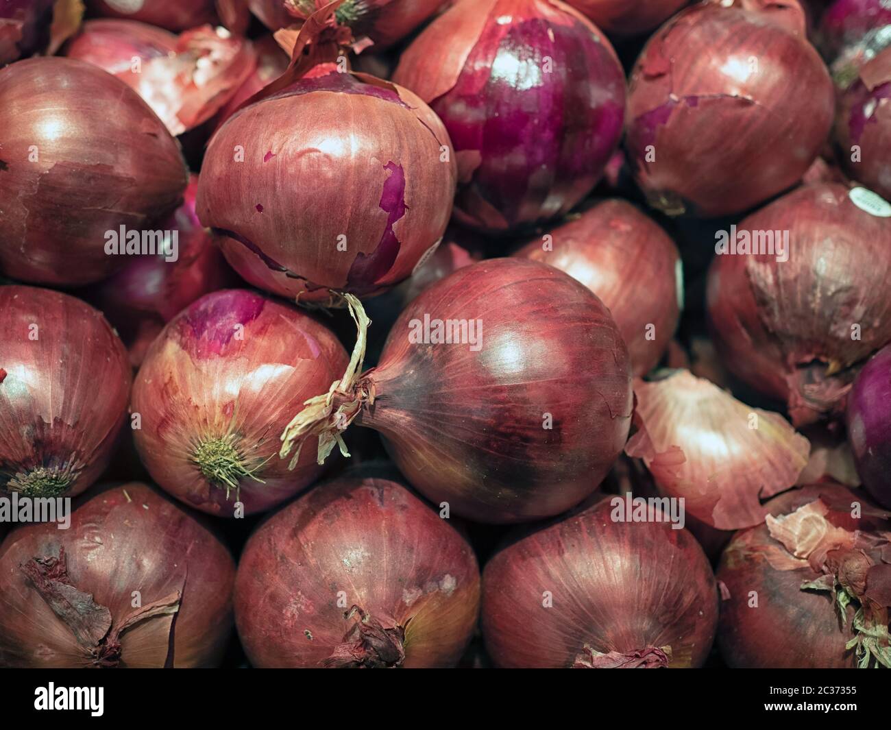 Primo piano di cipolle fresche rosse crude sul mercato di un agricoltore Foto Stock