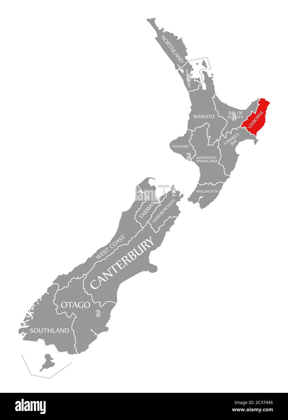 Gisborne red evidenziata nella mappa di Nuova Zelanda Foto Stock
