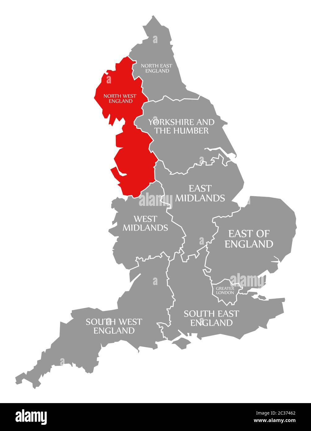 Nord Ovest Inghilterra evidenziata in rosso nella mappa di Inghilterra REGNO UNITO Foto Stock
