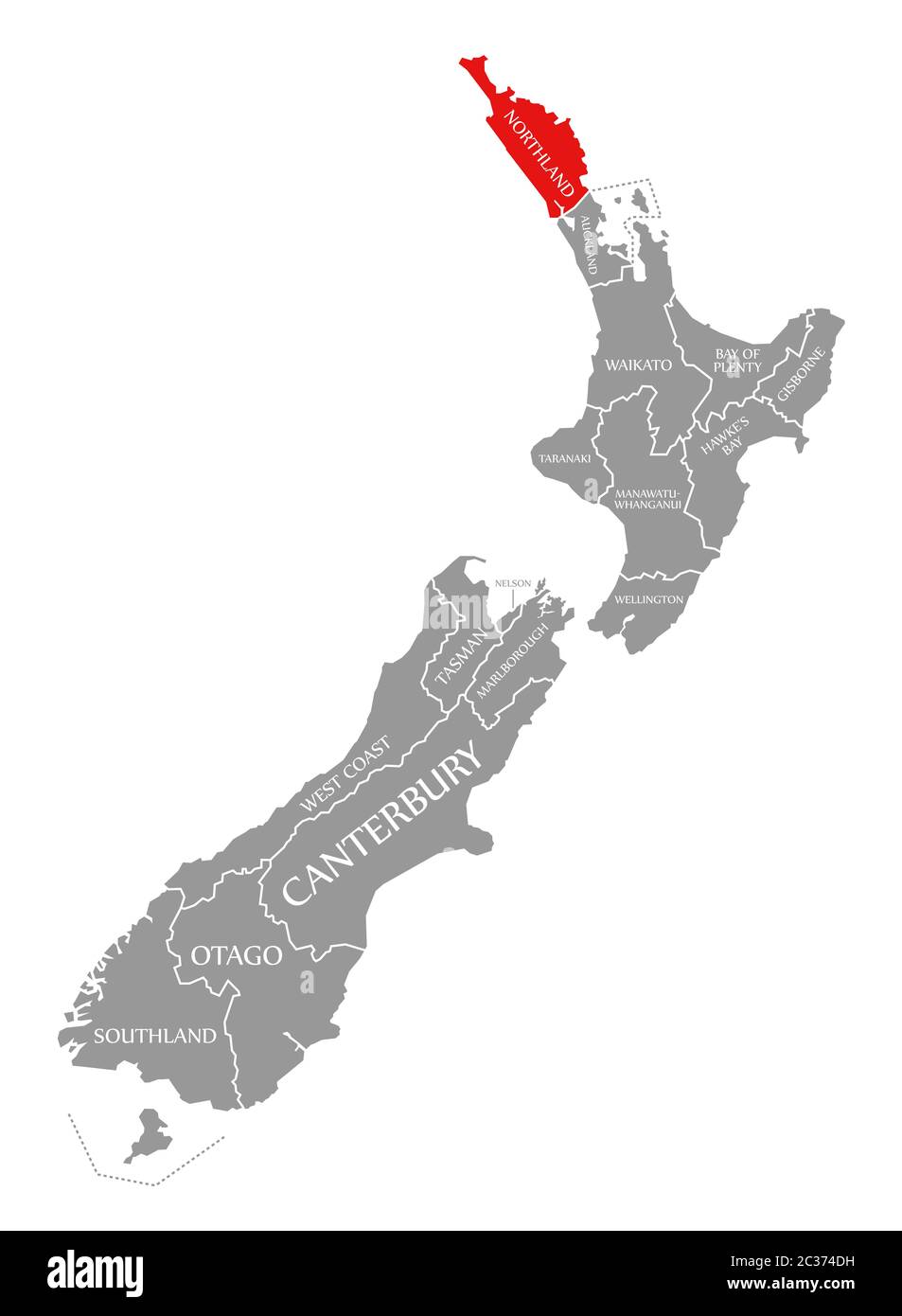 Northland evidenziata in rosso nella mappa di Nuova Zelanda Foto Stock