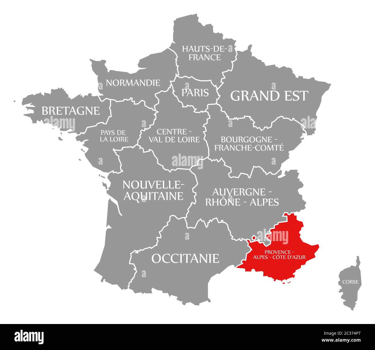 Provence - Alpes - Côte d'Azur evidenziata in rosso nella mappa della Francia Foto Stock