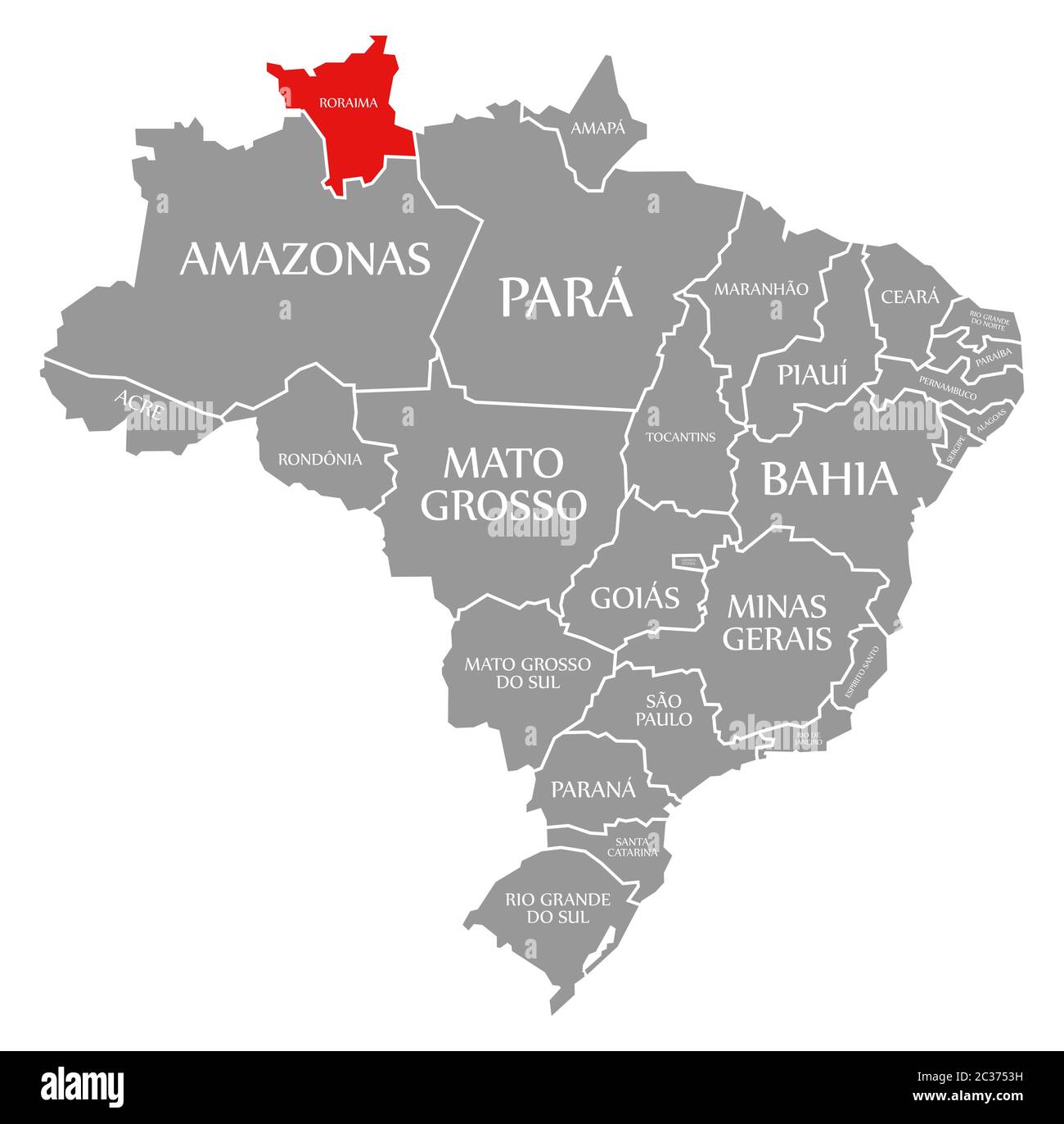 Roraima rosso evidenziato sulla mappa del Brasile Foto Stock