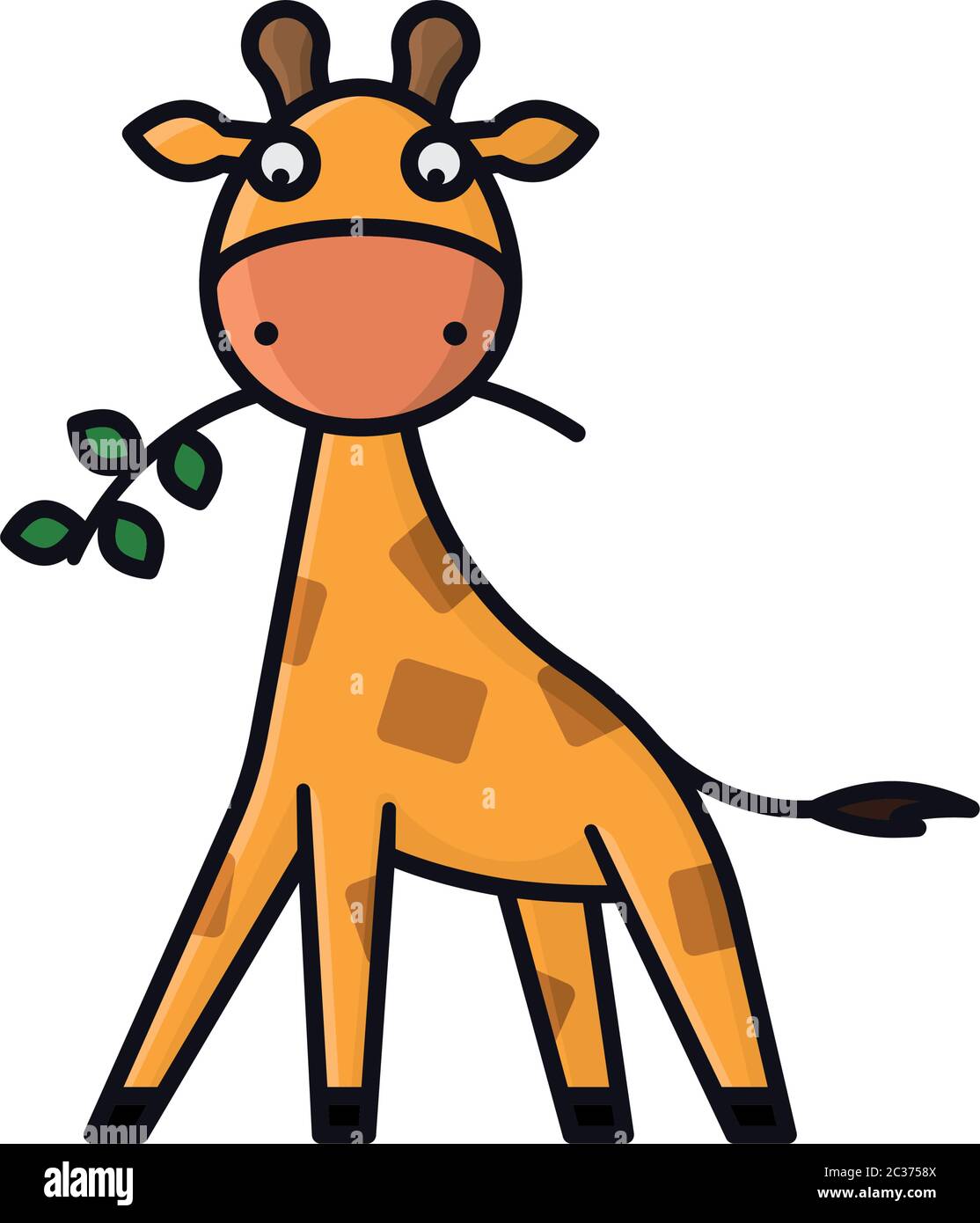 Baby giraffe cartoon personaggio masticare ramo isolato vettore illustrazione per Global Giraffe Day il 21 giugno. Simbolo della fauna selvatica africana. Illustrazione Vettoriale