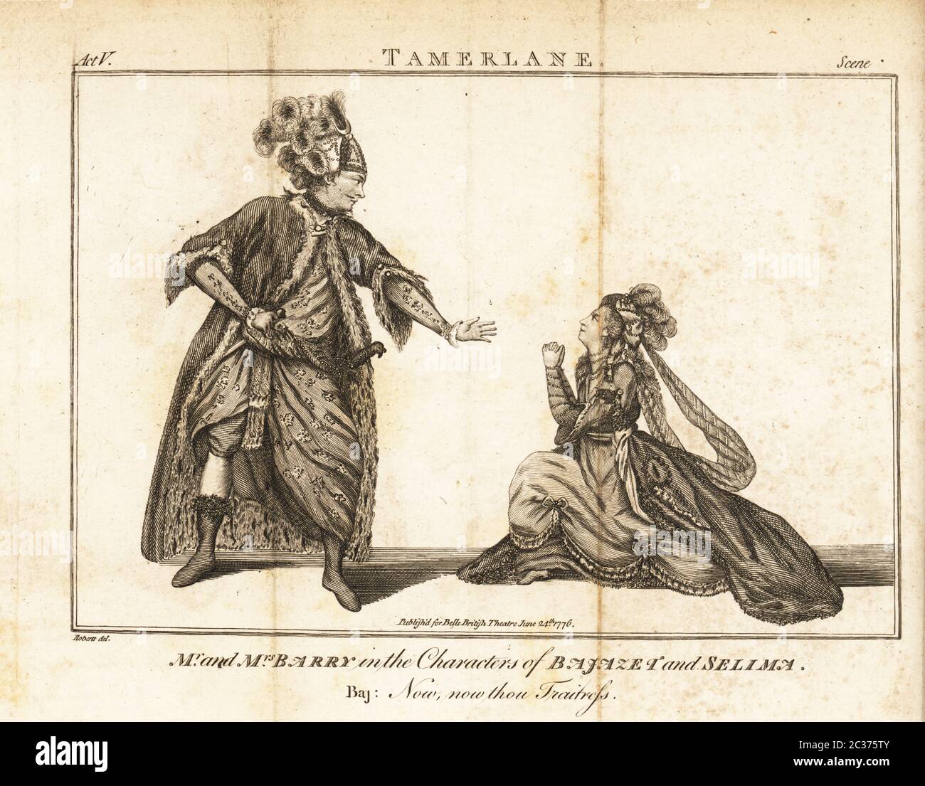 Il Sig. Spranger Barry e la Sig.ra Ann Barry nei personaggi di Bajaze e Selima nel Tamerlane di Nicholas Rowe. Incisione su copperplate dopo un'illustrazione di James Roberts del British Theatre di Bell, composta dai più stimati spettacoli inglesi, John Bell, Londra, 1780. Foto Stock