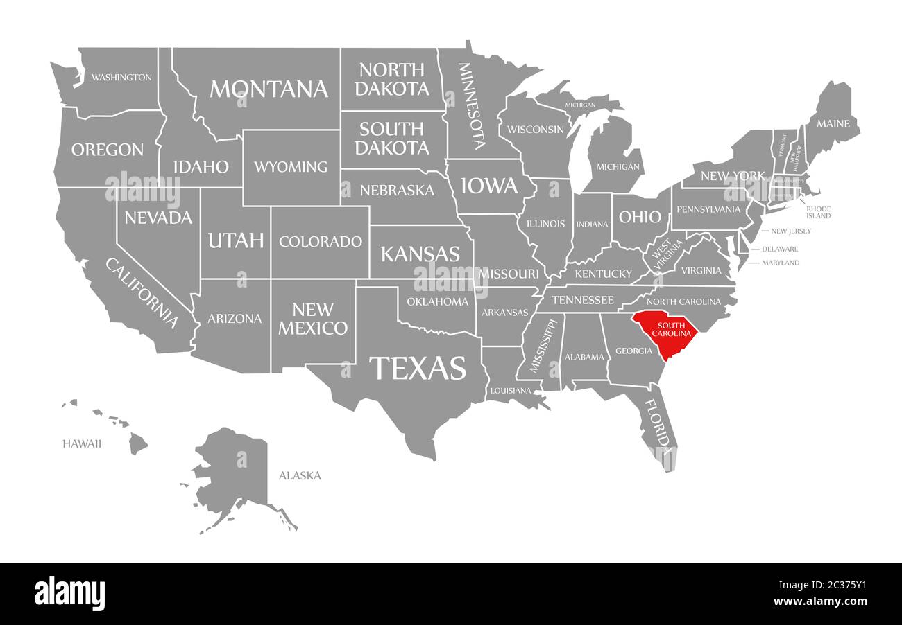 Carolina del Sud evidenziata in rosso nella mappa degli Stati Uniti d'America Foto Stock
