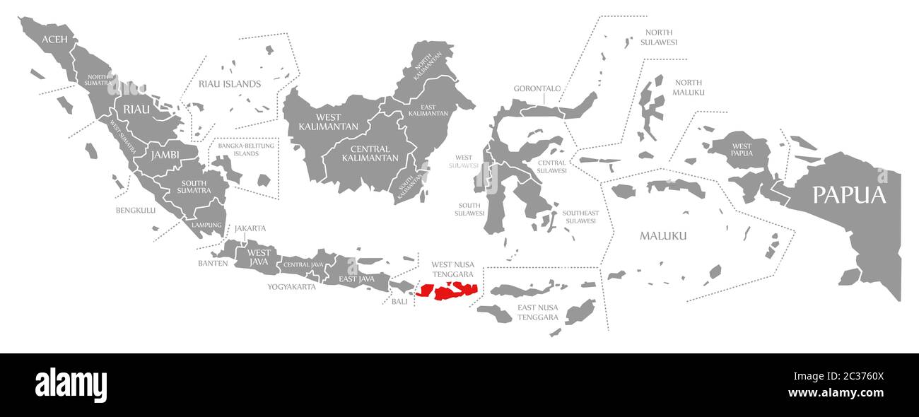 West Nusa Tenggara evidenziata in rosso nella mappa di Indonesia Foto Stock
