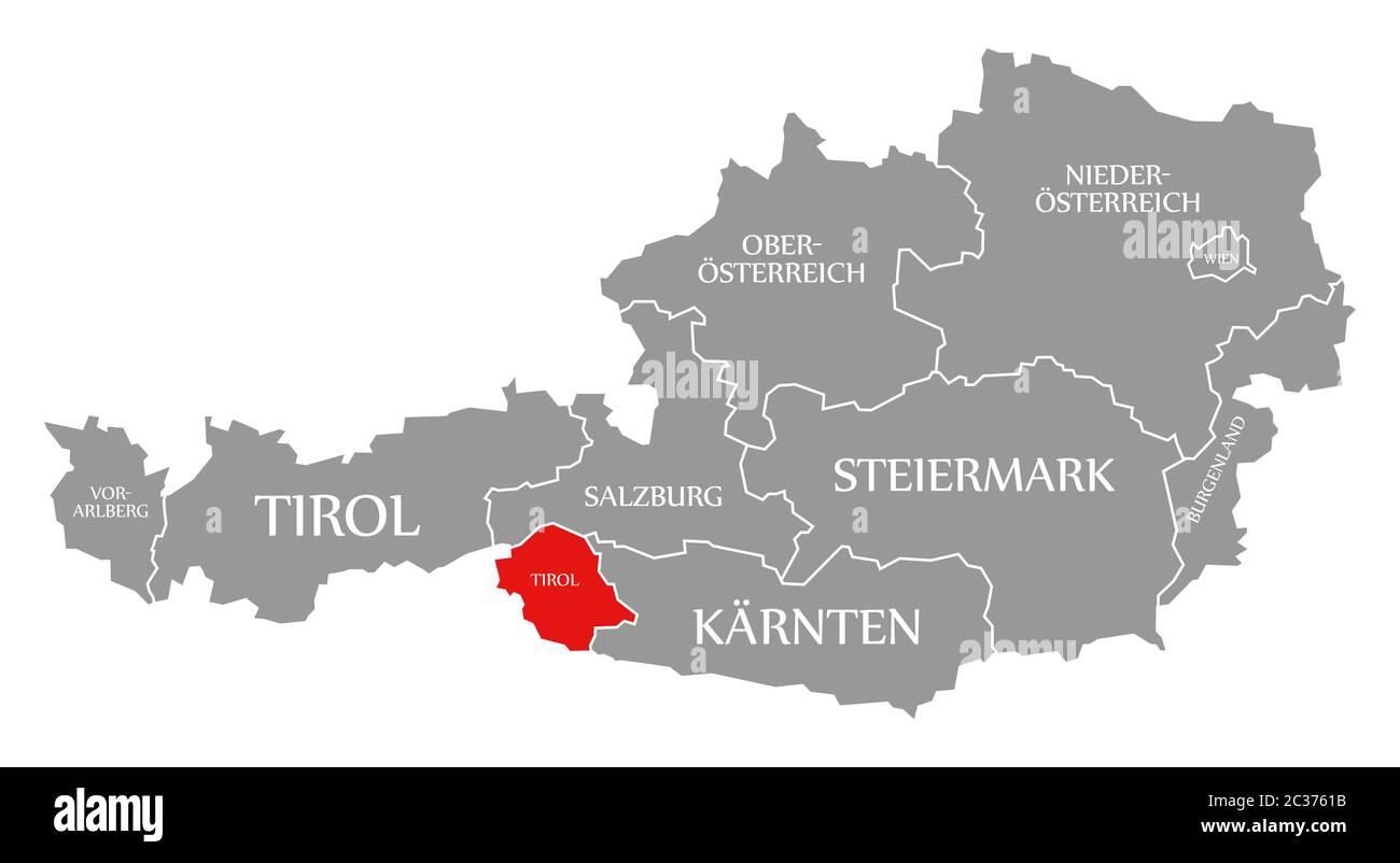 Tirolo evidenziata in rosso nella mappa d'Austria Foto Stock