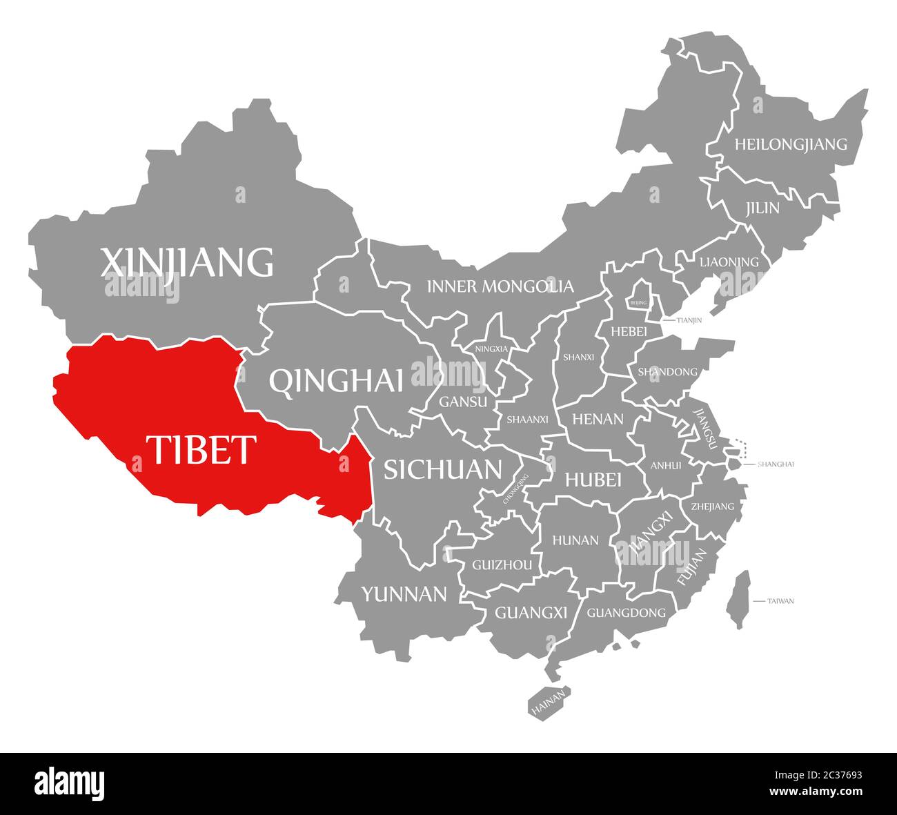 Tibet evidenziata in rosso nella mappa della Cina Foto Stock