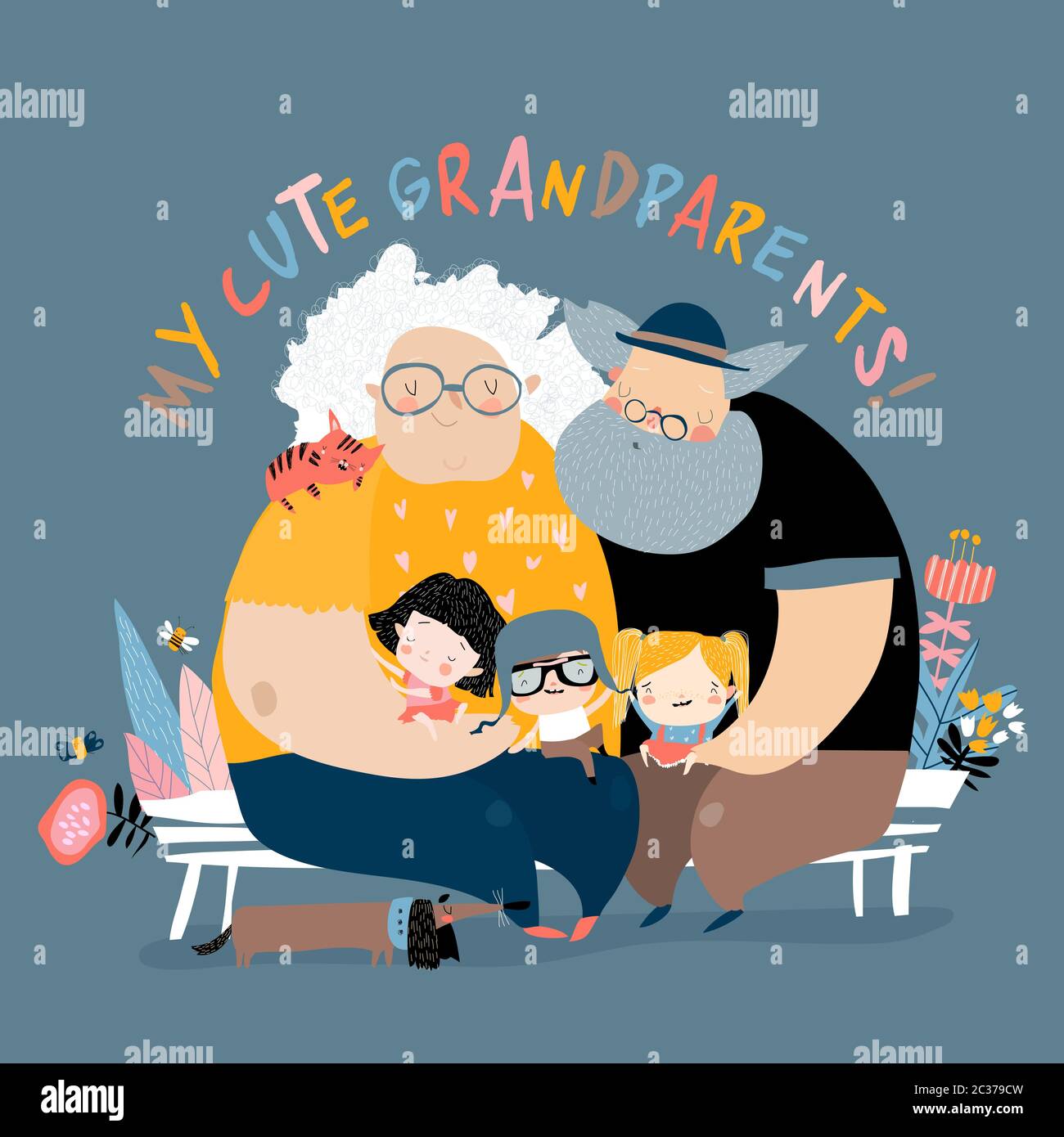 Felici i nonni con i loro nipoti seduti sulla panchina Illustrazione Vettoriale