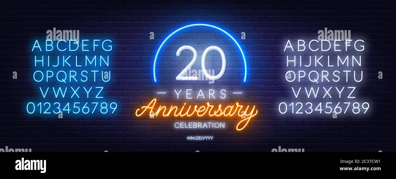 20 anniversario celebrazione segno neon su sfondo scuro. Illustrazione Vettoriale