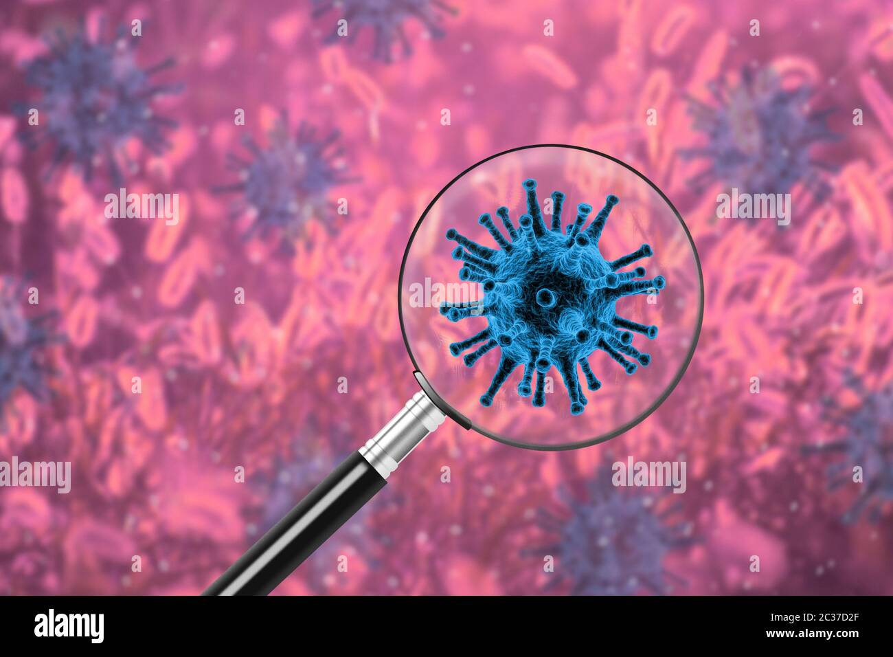 Concetto di epidemia pandemica con lente d'ingrandimento sul batterio del virus, concetto di epidemia di coronavirus 19, illustrazione moderna della scienza della biotecnologia Foto Stock