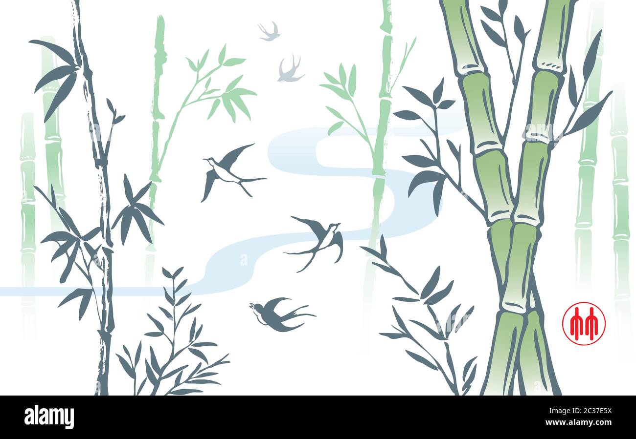 Elegante disegno cinese di bambù di stile di spazzola di inchiostro. Illustrazione Vettoriale