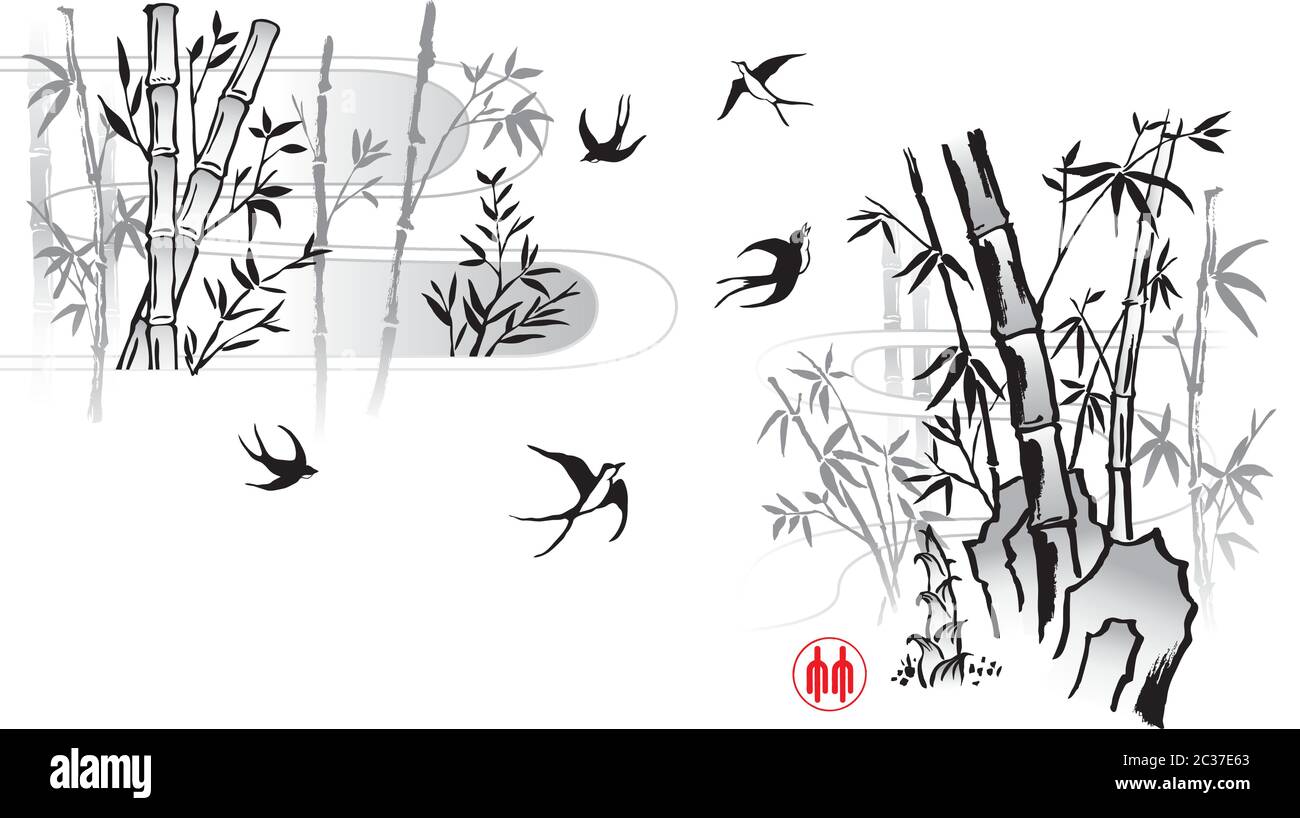Elegante disegno cinese di bambù di stile di spazzola di inchiostro. Illustrazione Vettoriale