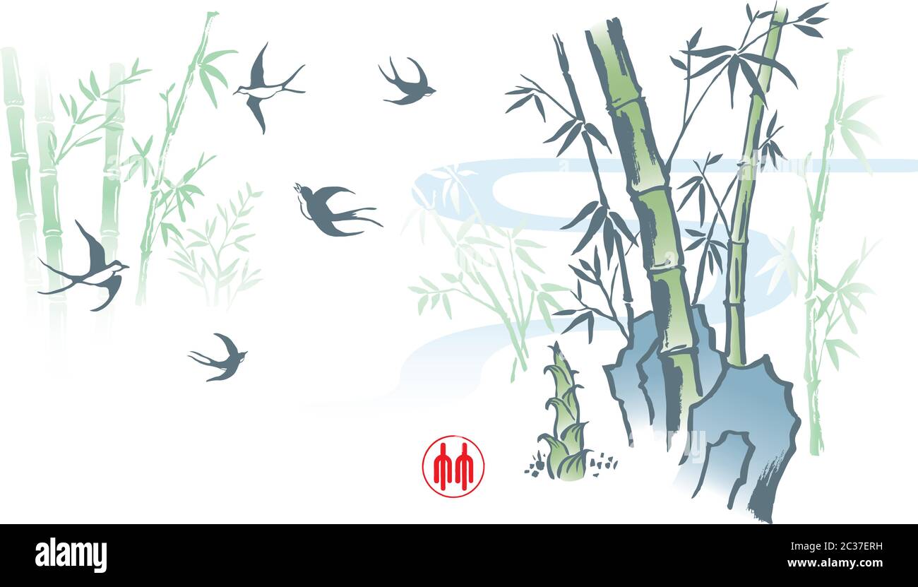 Elegante disegno cinese di bambù di stile di spazzola di inchiostro. Illustrazione Vettoriale