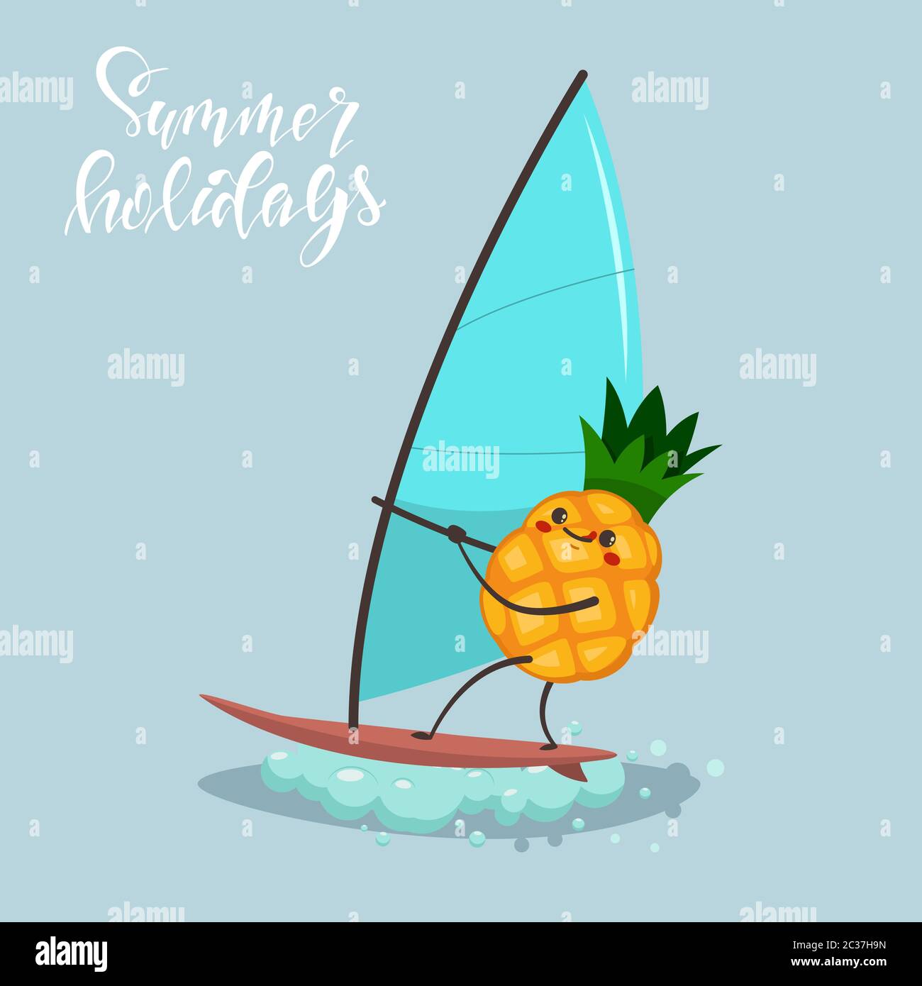 Ananas divertente sul windsurf. Vettore cartoon carattere di carino frutto di attività estive in acqua. Illustrazione dello sport e dello stile di vita sano. Illustrazione Vettoriale