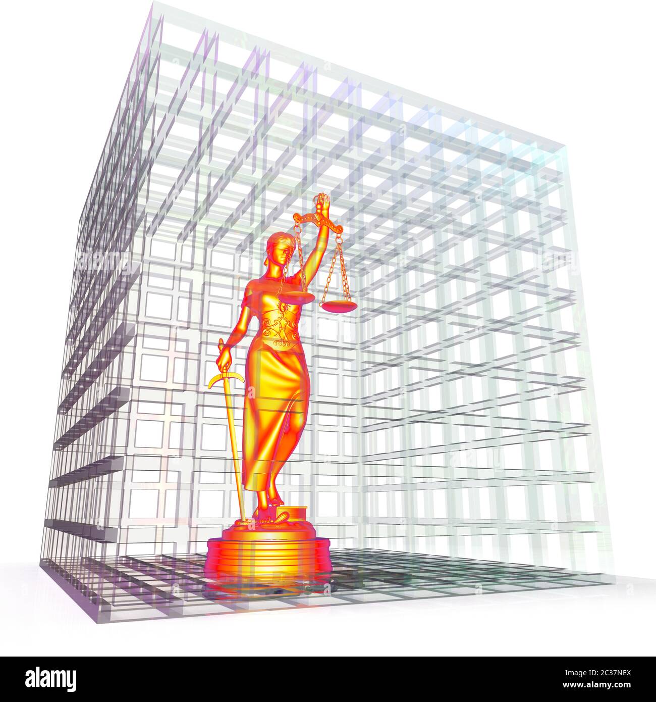 Barre di prigione e signora di giustizia il rendering 3D Foto Stock Barre di prigione e signora di giustizia il rendering 3D Foto Stock