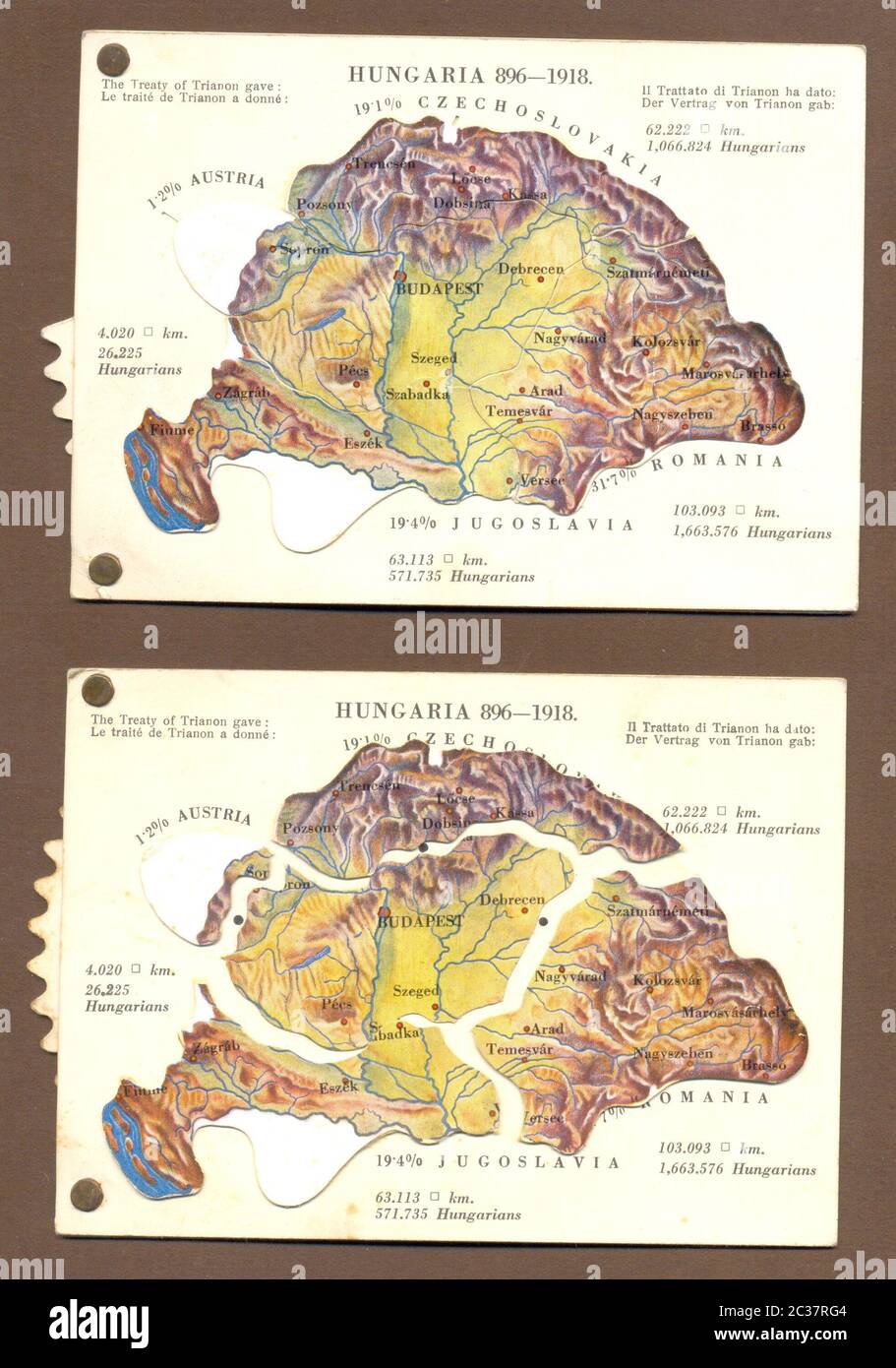 Cartolina meccanica dell'Ungheria che mostra la mappa prima e dopo il Trattato di Trianon pubblicato dall'Associazione Nazionale delle Donne Ungheresi 1934 Foto Stock