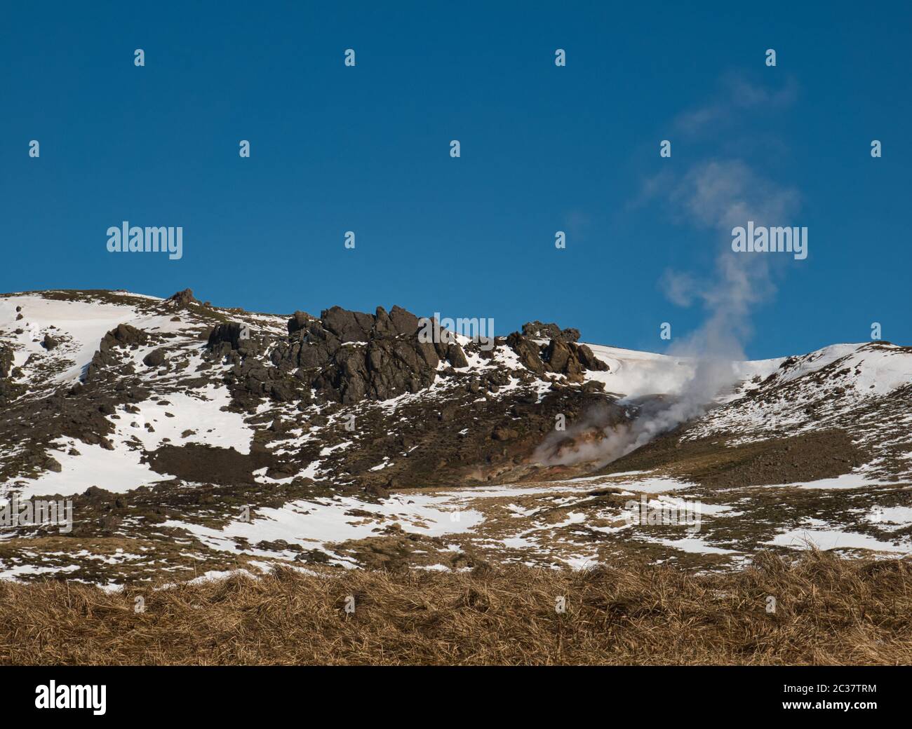 Nuvola di vapore dalle sorgenti termali calde in Islanda vicino a Reykjadalur Foto Stock