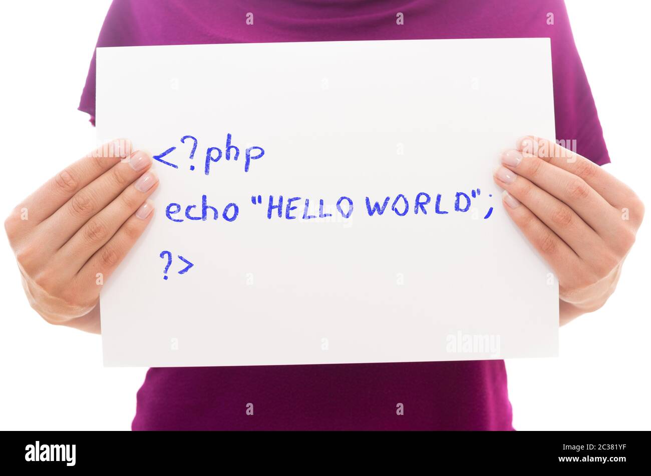 Ragazza con foglio di carta bianco con testo Hello world Foto Stock