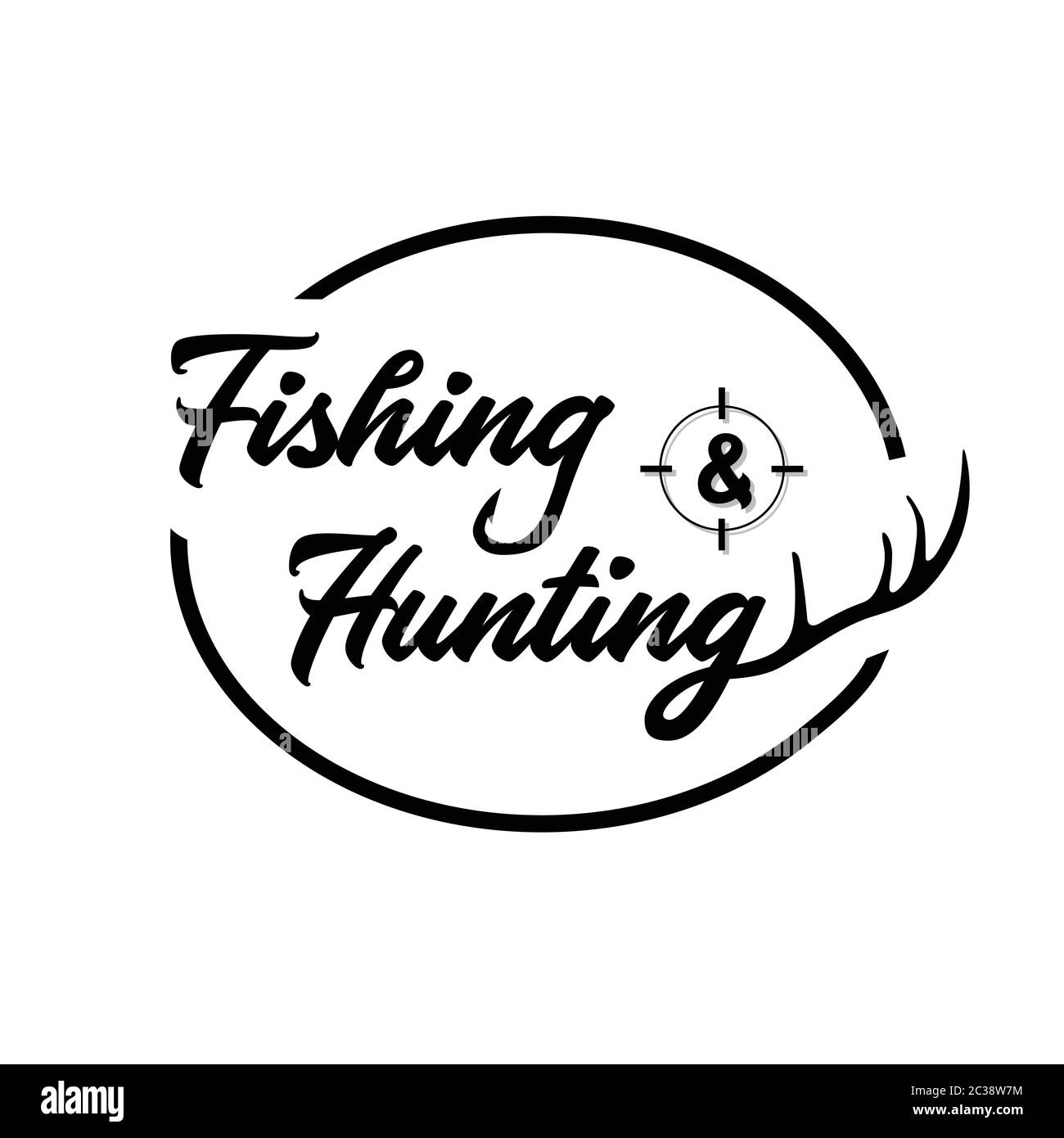 Logo pesca e caccia. Scritta in bianco e nero. Iscrizione decorativa. Illustrazione vettoriale pesca e caccia. Illustrazione Vettoriale