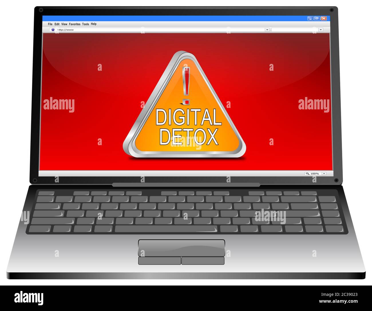 Computer portatile con pulsante Detox digitale arancione sul desktop rosso - illustrazione 3D Foto Stock