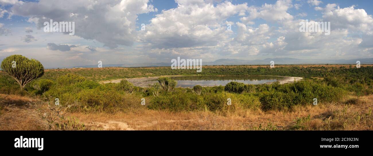 Il lago Bunyampaka è uno dei numerosi laghi di crateri di bibite che si trovano nel Queen Elizabeth National Park in Uganda. La comunità locale Kasenyi raccoglie il sale Foto Stock