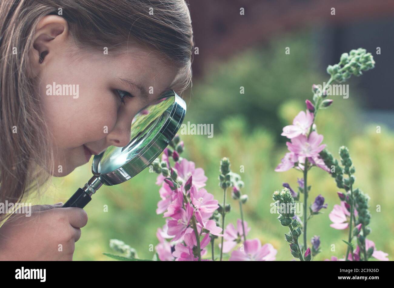Ragazza curiosa che esplora i fiori con la lente d'ingrandimento Foto Stock