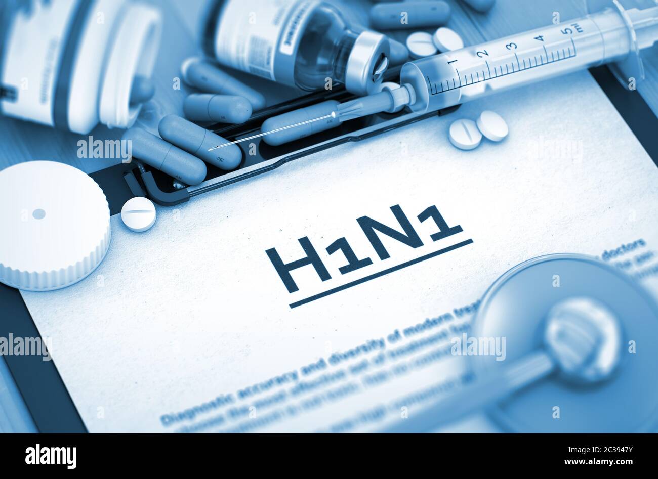 H1N1, concetto medico con messa a fuoco selettiva. H1N1, concetto medico con pillole, iniezioni e siringhe. 3D. Foto Stock