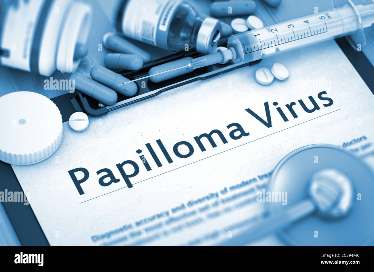 Diagnosi - Papilloma Virus su sfondo di farmaci composizione - pillole, iniezioni e siringa. Papilloma Virus - stampato Diagnosi con offuscato Foto Stock